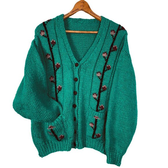 Vintage Sweaters - Vintage Handknit Fuzzy Cherry Blossom Cardigan, Vibrant Teal Green Sweater